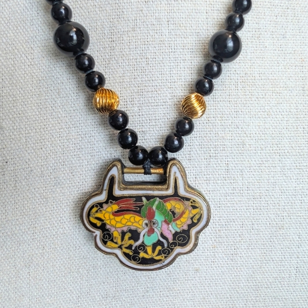 Vintage 925 Les Bernard Obsidian & Cloisonne Sterling Gold Necklace - Estate - Picture 4 of 14